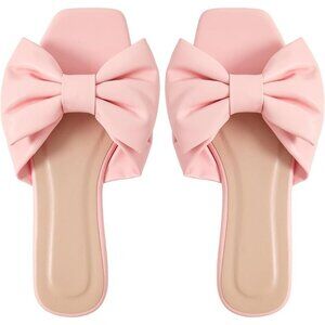 Women's Bow Pink Square Open Toe Breathable Slip On Slide Sandals Flat Shoes